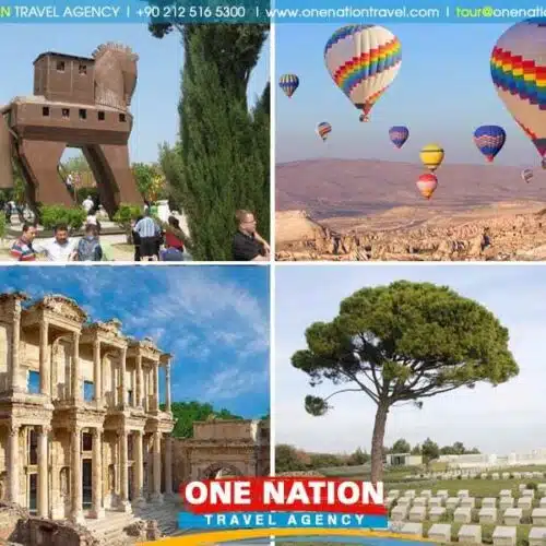 An image representing a 5-day tour to Cappadocia, Pamukkale, Ephesus, Troy, and Gallipoli, showcasing the stunning landscapes and historical sites of Turkey.