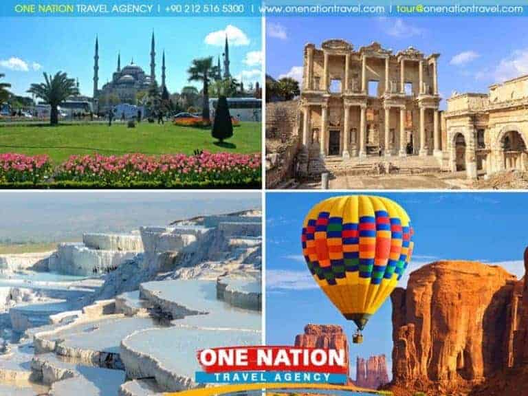 Panoramic view of iconic landmarks from the 10 Days Istanbul, Ephesus, Pamukkale, Antalya, and Cappadocia Tour, showcasing the Hagia Sophia in Istanbul, ancient ruins in Ephesus, the white terraces of Pamukkale, the stunning coastline of Antalya, and the fairy chimneys of Cappadocia.