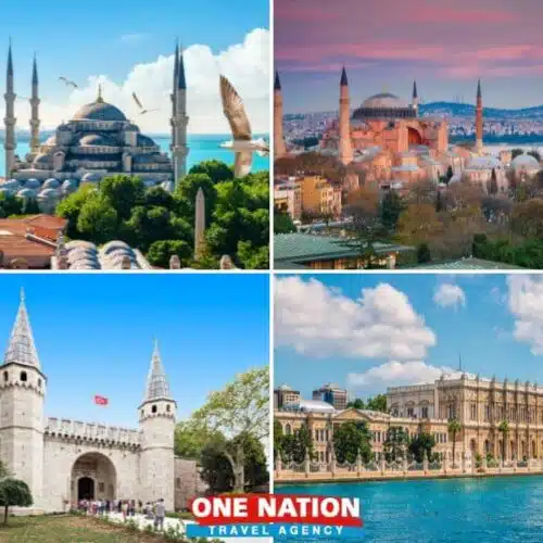 Panoramic view of Istanbul landmarks: Blue Mosque, Hagia Sophia, Topkapi Palace, Dolmabahçe Palace.