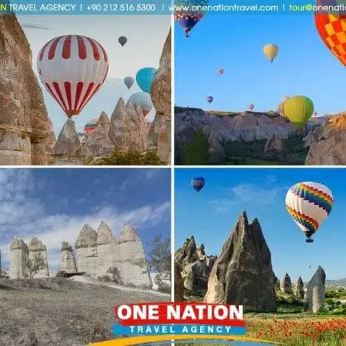 Tourists exploring Cappadocia's unique rock formations on a 2-day tour from Istanbul, featuring 'Turkey tours.