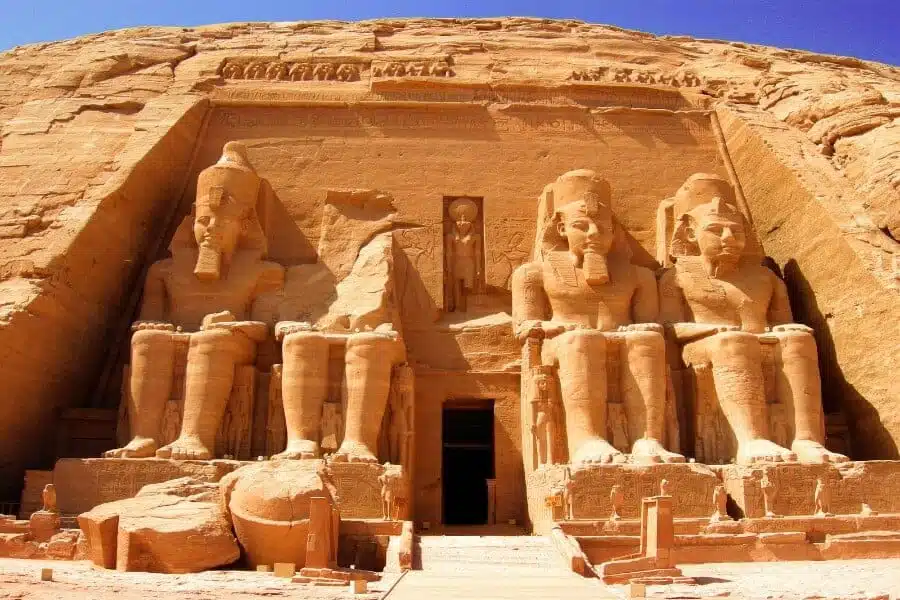 Aerial view of Abu Simbel temples, showcasing the grand stone structures and surrounding desert landscape.