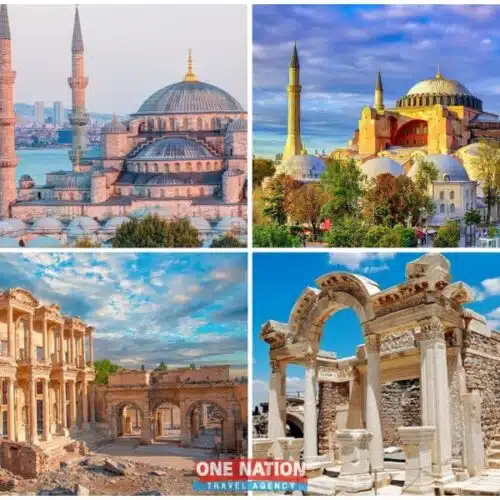 Travelers exploring ancient Ephesus ruins and Istanbul's landmarks on a 5-day Turkey tour.