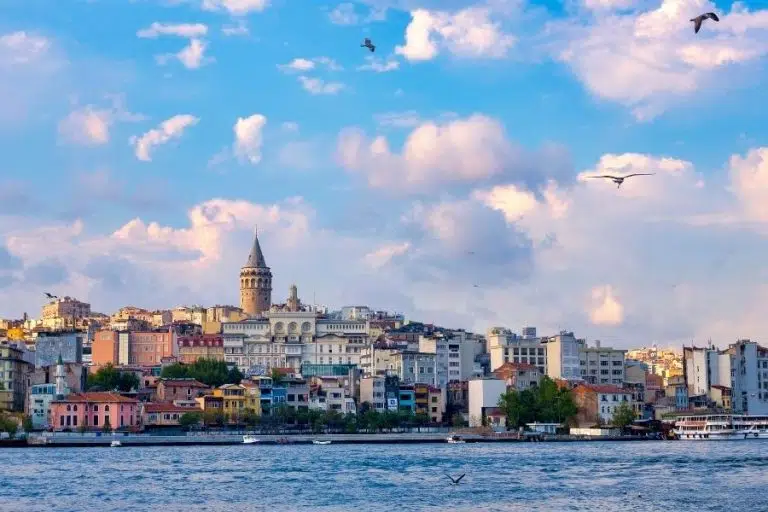 Panoramic view of Istanbul's historic old city, featuring iconic landmarks like Hagia Sophia and the Blue Mosque under a clear sky.