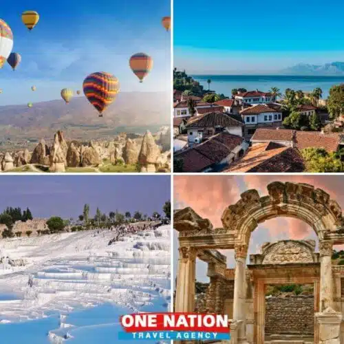 Scenic 7-day Turkey tour exploring Cappadocia's landscapes, Antalya's beaches, Pamukkale's hot springs, and Ephesus's ancient ruins, starting from Istanbul.