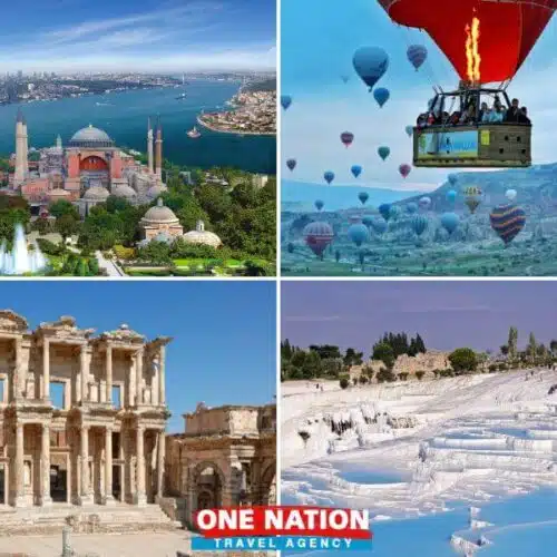 8-day Turkey tour including Istanbul, Cappadocia, Ephesus, Pamukkale, and Antalya, featuring historic sites, cultural landmarks, and natural wonders.